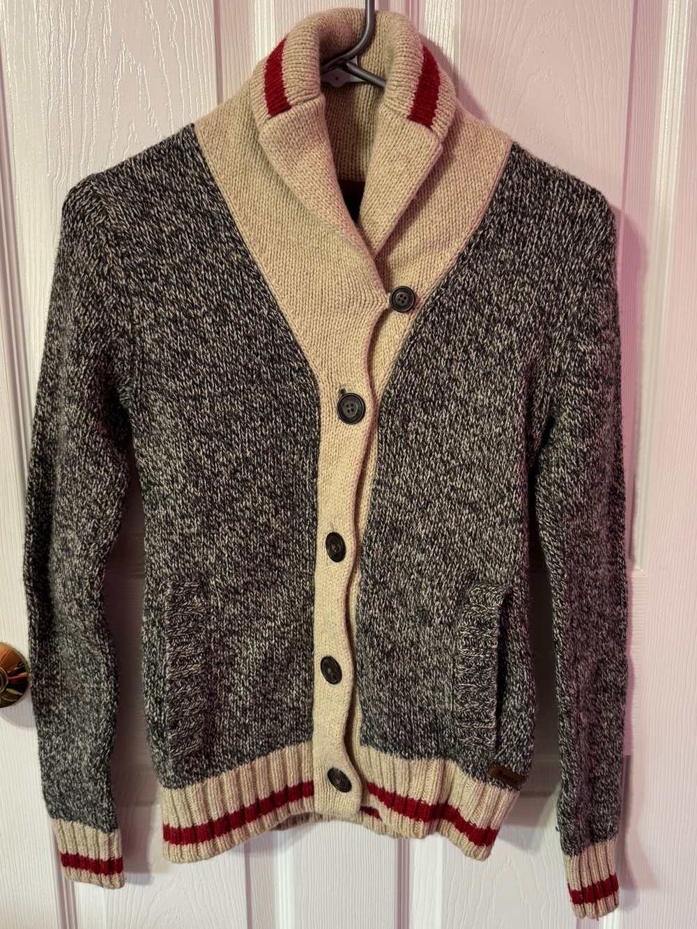 Roots Gray & Cream Shawl Collar Cardigan with Red Accents